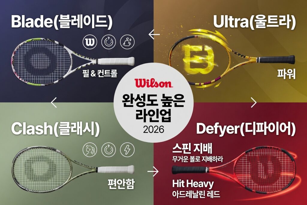 윌슨의 새로운 테니스 라켓 디파이어(Defyer) 소개: 현대 테니스를 지배하는 강력한 스핀 무기 5 Blade(필 & 컨트롤), Ultra(파워), Clash(편안함), Defyer(스핀 지배)